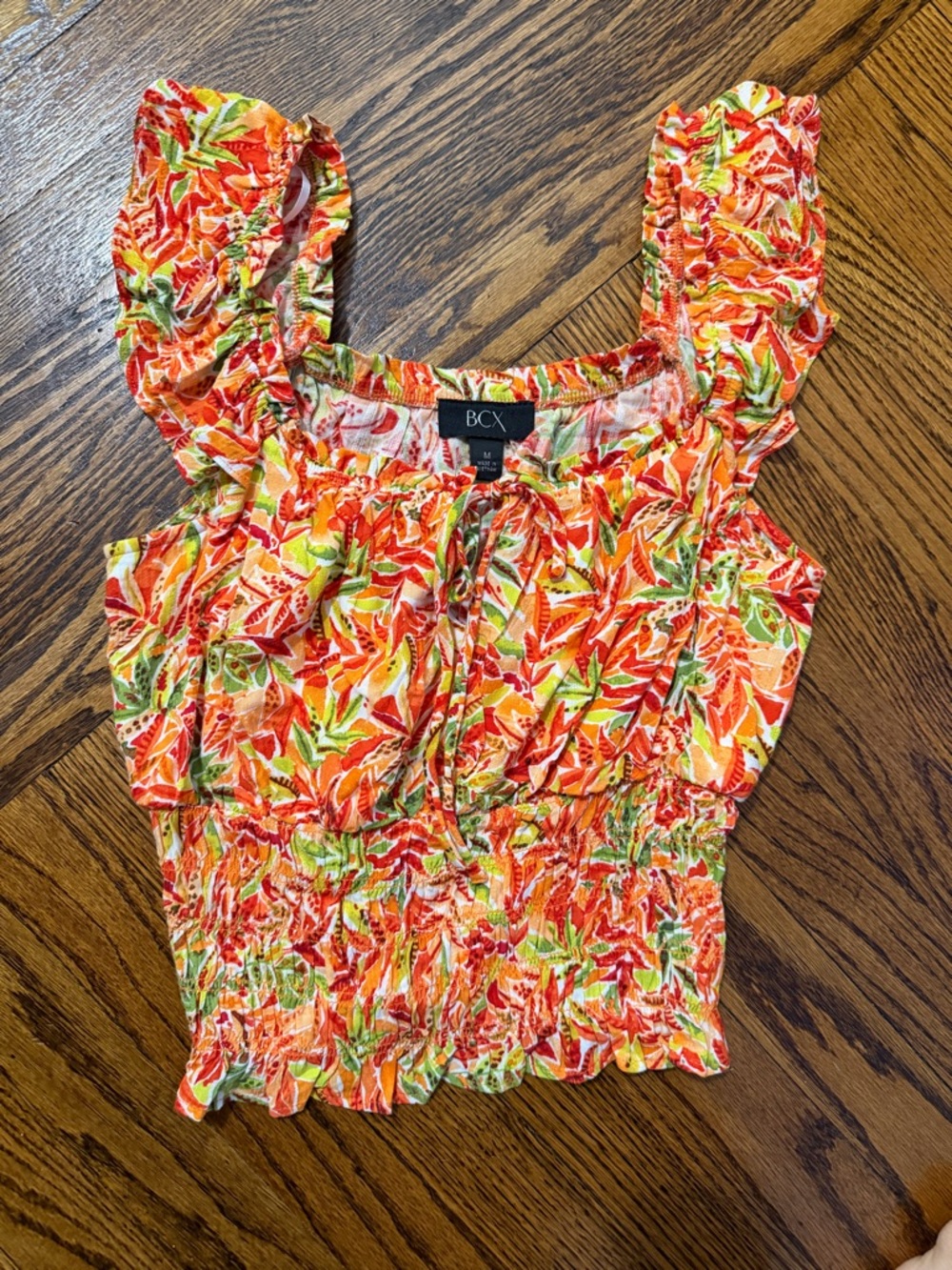 BCX Orange & Green Floral Smocked Crop Top